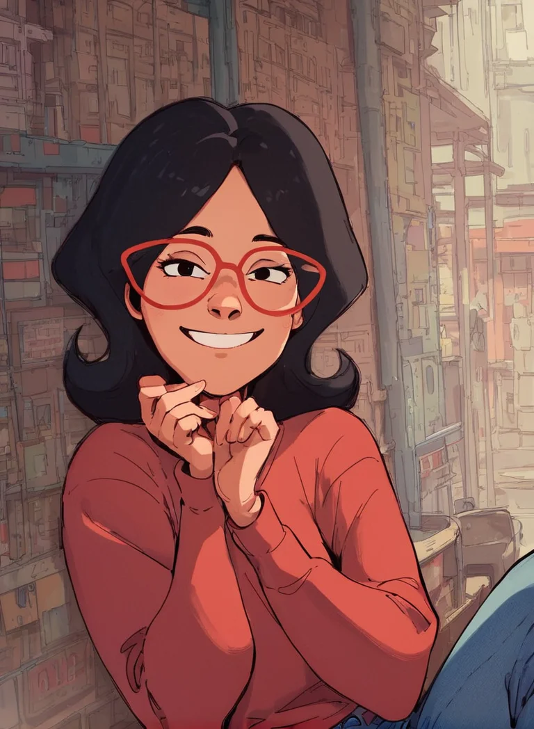 <lora:LindaPony1.0:0.7> linda, 1girl, black hair, solo, glasses, red-framed eyewear, smile, red shirt, looking at viewer,upper body, jeans, long sleeves, pants, score_9, score_8_up, score_7_up, score_6_up,looking at viewer, zPDXLxxx,