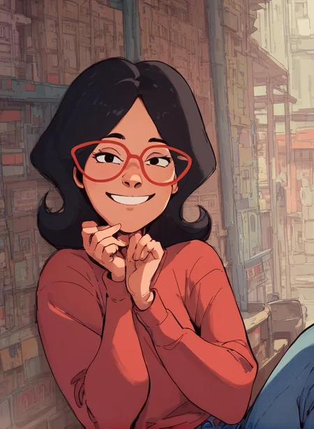 <lora:LindaPony1.0:0.7> linda, 1girl, black hair, solo, glasses, red-framed eyewear, smile, red shirt, looking at viewer,upper body, jeans, long sleeves, pants, score_9, score_8_up, score_7_up, score_6_up,looking at viewer, zPDXLxxx,