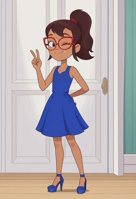 Hailey banks, 1girl, solo, young, slender, tan skin, freckles, brown hair, sidelocks, ponytail, red glasses, Blue dress, sleeveless, high heels, standing, smile, closed mouth, full body, peace sign, winking
