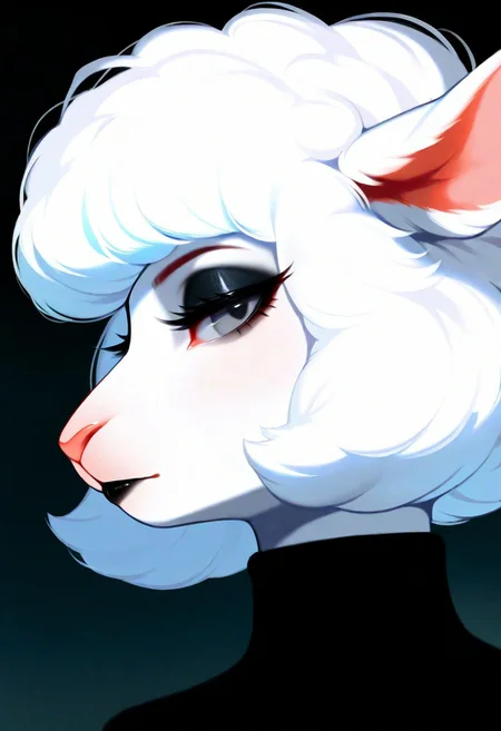 masterpiece, best quality, good quality, very awa, very aesthetic, absurdres, newest, furry, fur fur covered, fluffy, 1girl, solo, anthro sheep, white fur, white hair, fluffy hair, looking_at_viewer, closed_mouth, two-tone_hair, from_side, grey_eyes, eyelashes, profile, makeup, goth makeup, turtleneck, half-closed_eyes, bob_cut, portrait, close-up, eyeshadow, sideways_glance, blunt_ends, black_lips