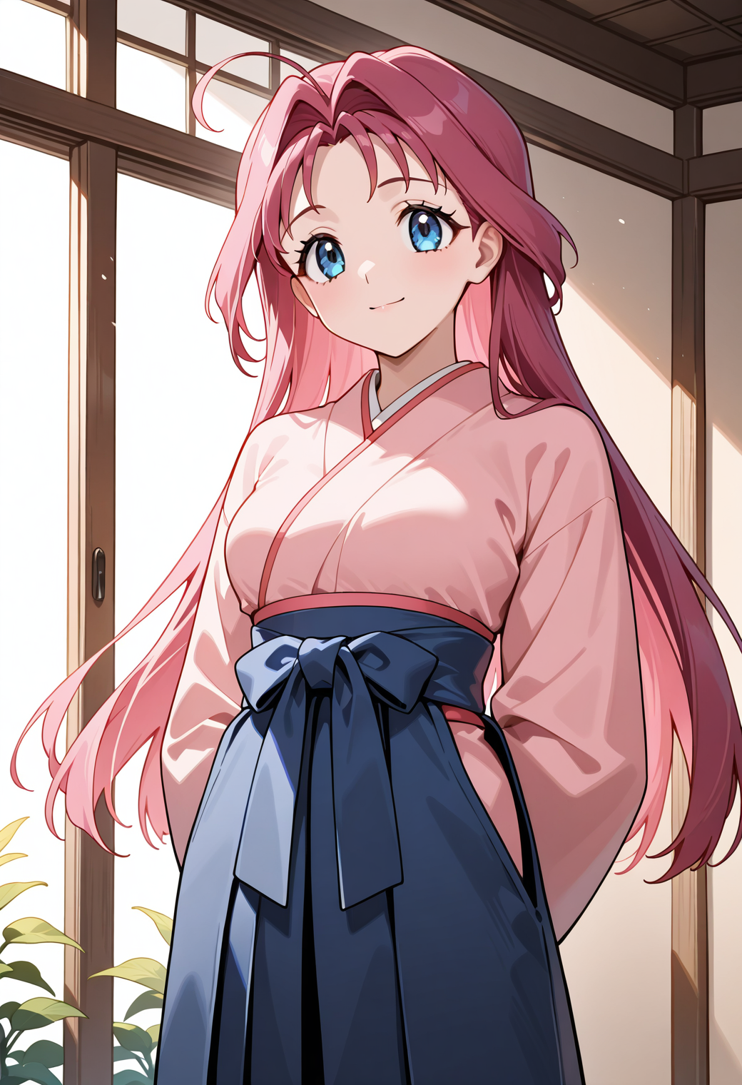 masterpiece, best quality, very aesthetic, absurdres, 1girl, solo,
<lora:kisaragi_haruna_v01:0.9>, kisaragi_haruna, pink hair, long hair, ahoge, blue eyes,
hakama, bloom, posing, cowboy shot