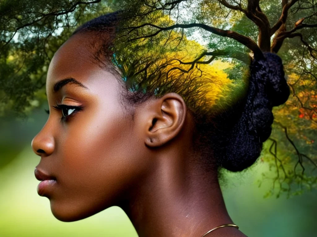 free flowing, high definition, color theory, stunning, sharp focus, close up of head, side portrait of a black girl, double exposure, trees, amora-style <lora:antonio-mora-style:1>