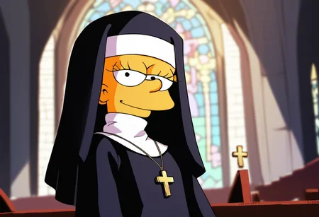 source_cartoon, <lora:Lisa_Simpsons_for_PonyXL:0.8>, lisa_simpson, rating_safe, 1girl, short hair, flat chest, nun habit, solo,black eyes, looking at viewer, nun outfit, cross necklace, rosary beads, in a church, score_9, score_8_up, score_7_up, score_6_up, score_5_up, score_4_up