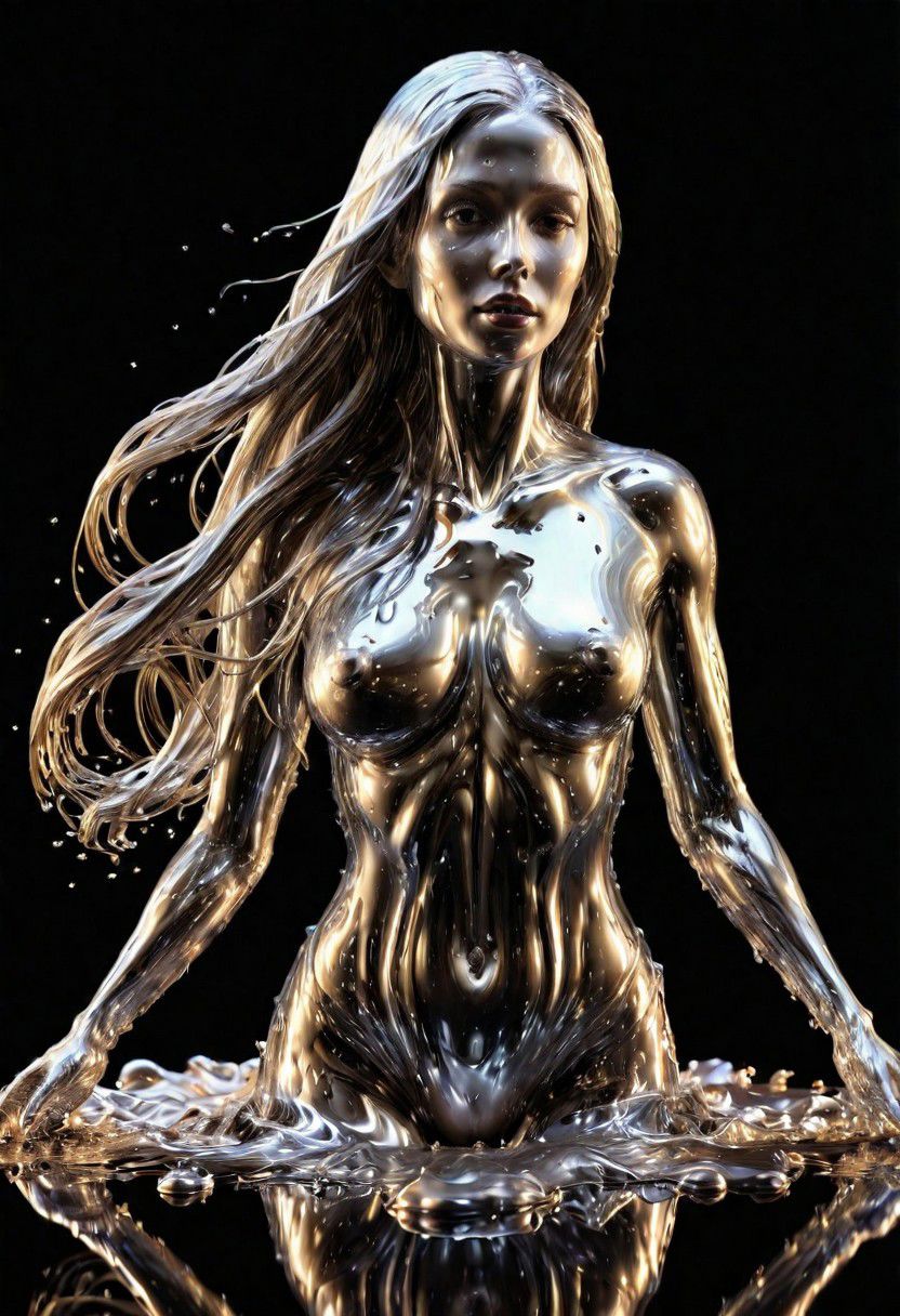 (masterpiece,best quality,ultra-detailed,best illustration:1.3), 1woman, melting, smooth shiny full length metal body, reflection mirror finish, shiny, smooth liquid metal long hair, simple black background