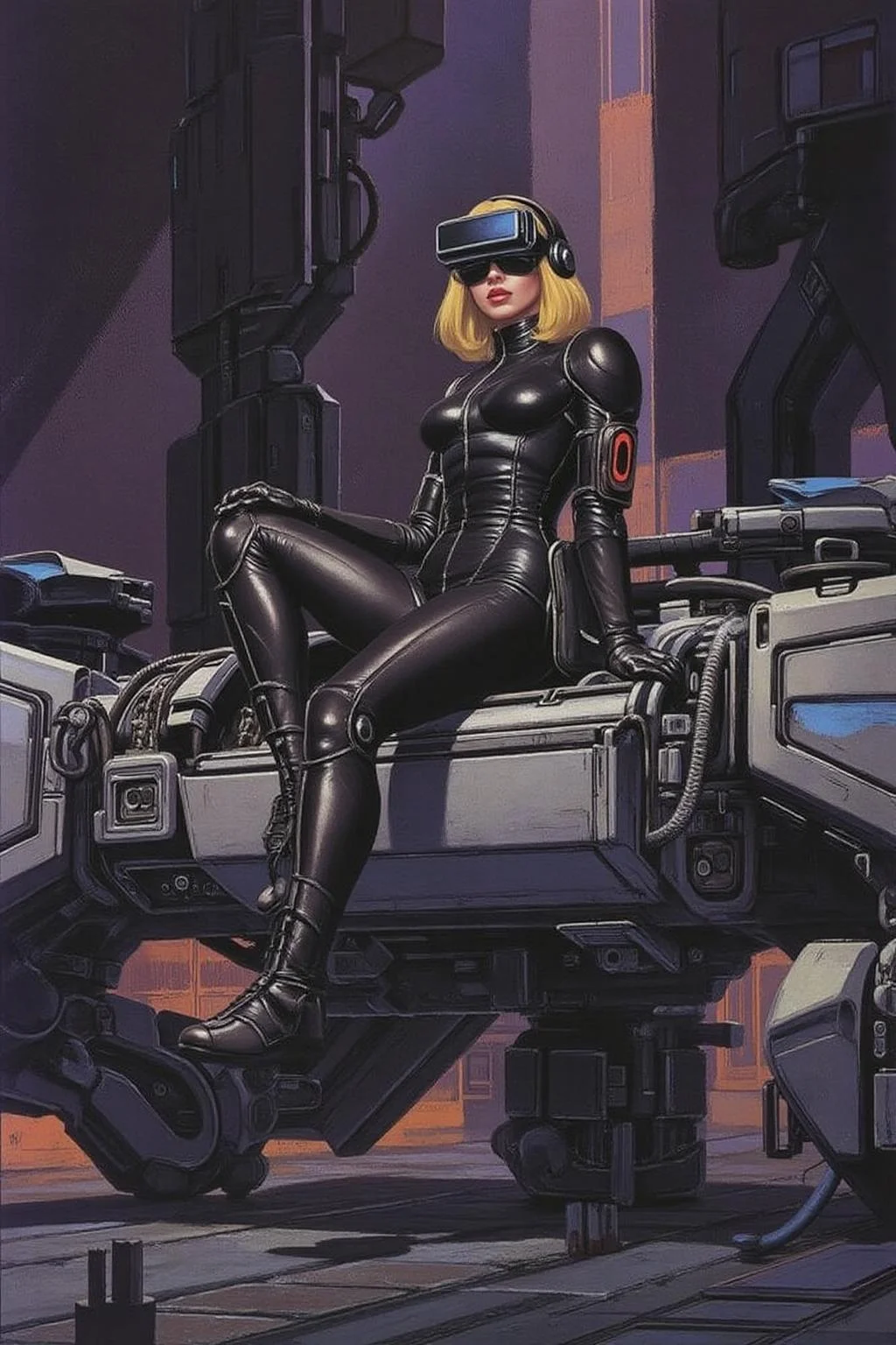 sydme1 painting A striking, futuristic scene depicts a woman dressed in sleek, form-fitting leather attire, sitting confidently atop an open power suit, inspired by the cyberpunk aesthetics of Masamune Shirow. The power suit, a blend of advanced technology and military-grade armor, features intricate mechanical details, exposed wiring, and a robust, yet streamlined design. The woman, wearing a cutting-edge VR headset, exudes a sense of control and mastery over the machine beneath her. Her posture is relaxed yet commanding, with one hand resting on the suit's metallic surface and the other casually holding a piece of advanced tech.  <lora:sydme6_cap_d6a3:1.0><lora:810999274419701751:0>