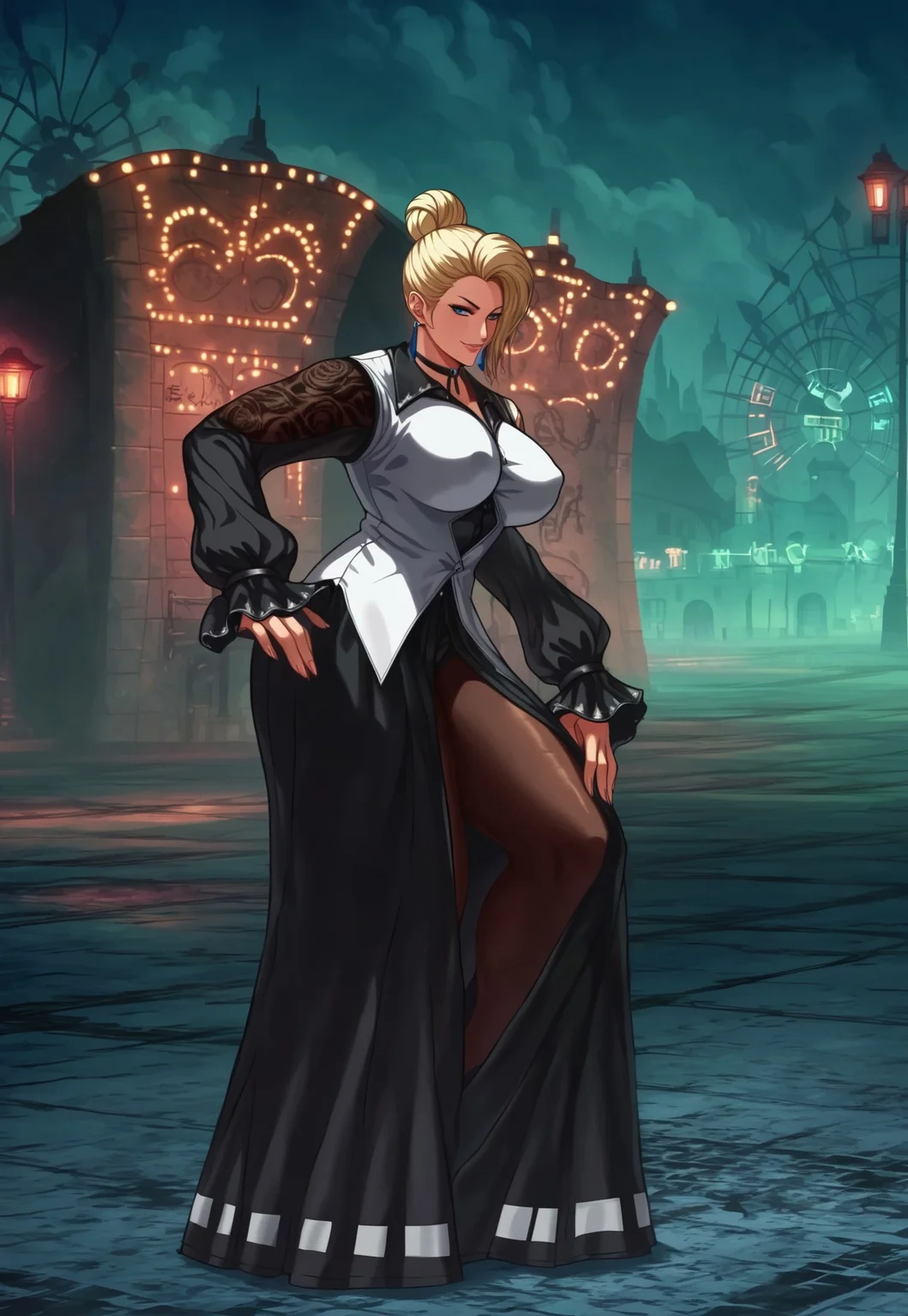 safe_pos, score_9, score_8_up, score_7_up, score_6_up, source_anime, 1girl, 18 years old girl maturekfsXV, , (big breasts:1.5), (large cleavage), black shorts,pantyhose, hair bun, hair over one eye, blonde hair, blue eyes, eyeshadow , beautiful face, earrings, choker, long dress, black sleeves, long sleeves, white vest, black heeled boots,sexy smile, sensual smile, city, night, dramatic shadows, posing sexy, thighs , puffy nipples, high quality anime movie, , , wide shot ,Tbtniki style , raw, concept art, full body, front view, pov