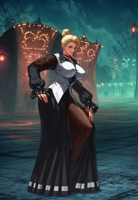 safe_pos, score_9, score_8_up, score_7_up, score_6_up, source_anime, 1girl, 18 years old girl maturekfsXV, , (big breasts:1.5), (large cleavage), black shorts,pantyhose, hair bun, hair over one eye, blonde hair, blue eyes, eyeshadow , beautiful face, earrings, choker, long dress, black sleeves, long sleeves, white vest, black heeled boots,sexy smile, sensual smile, city, night, dramatic shadows, posing sexy, thighs , puffy nipples, high quality anime movie, , , wide shot ,Tbtniki style , raw, concept art, full body, front view, pov