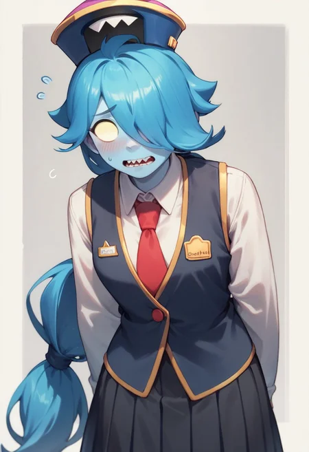 Score_9, Score_8_up, Score_7_up , ccolette , 1girl,blue skin, blue hair, long hair, low ponytail, no pupils, hat, white shirt, Black vest , tie, black skirt , blush , nervous , looking_at_viewer , pointed_teeth ,Hair over eye