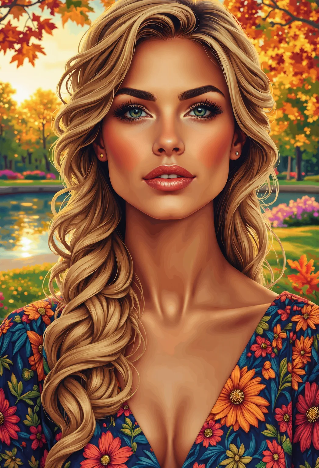 At the edge of the tranquil park, as the setting sun casts ethereal golden hues, a woman in an Art Deco dress, reminiscent of the Fauvist era, gazes thoughtfully into the distance, surrounded by the vibrant cross-processed colors of nature's autumnal palette.