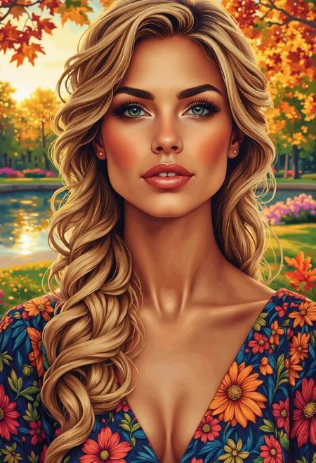 At the edge of the tranquil park, as the setting sun casts ethereal golden hues, a woman in an Art Deco dress, reminiscent of the Fauvist era, gazes thoughtfully into the distance, surrounded by the vibrant cross-processed colors of nature's autumnal palette.