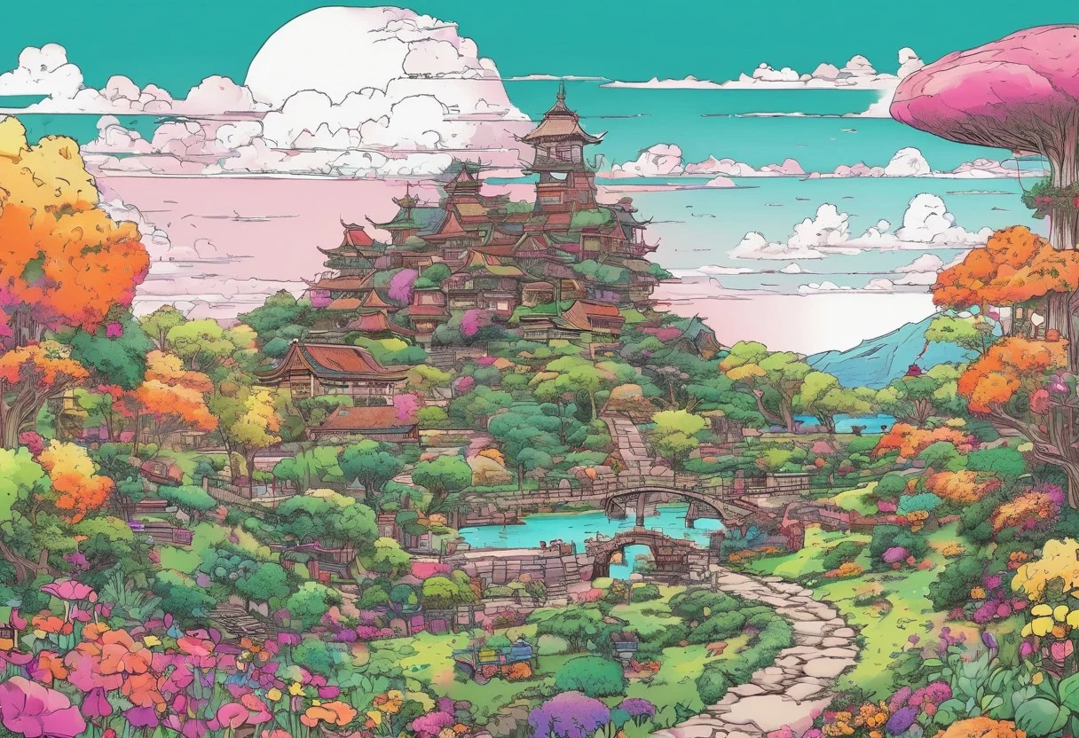 Vibrant Colors, Bright Color, Dynamic Angle, Dynamic Composition, Dynamic Colors, Colorful Image, High Contrast, Saturated Colors, Thick Line, Bright Colors, Good Lighting, Color Saturation, masterpiece, best quality, source_hentai,
a landscape, an epic landscape, an extravagant garden, huge flowers, mushrooms, lots of varied vegetation, a colorful sky, cartoon style, thick lines, no characters, no humans, no people,white frame,,
