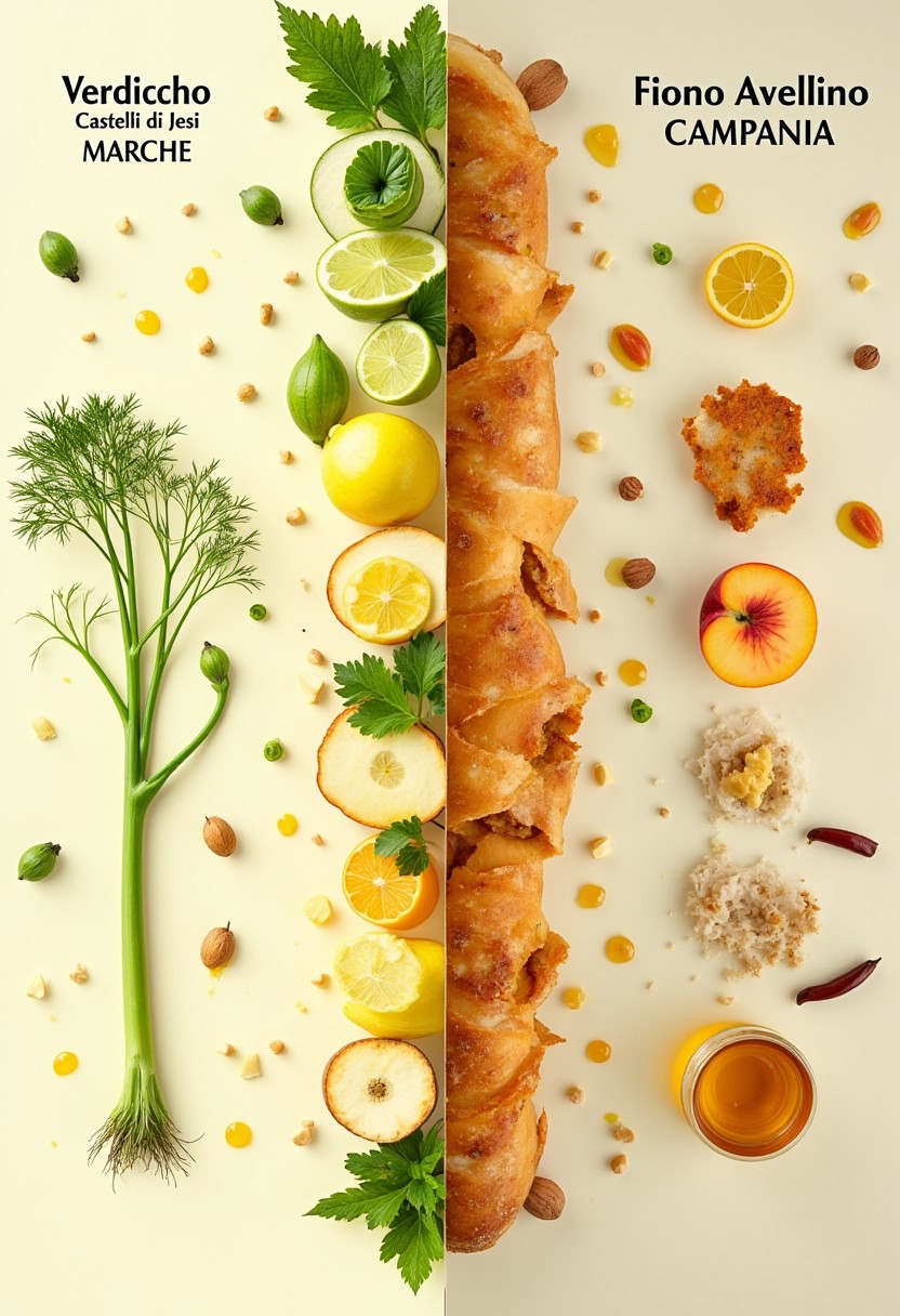 An image divided in 2 parts representing white grapes. On the left (with text: “Verdicchio Castelli di Jesi MARCHE”) is represented with fennel apple lemon, honey and nuts. Right (with text: “Fiano Avellino CAMPANIA”) is depicted with peach melon bread smoke and honey.