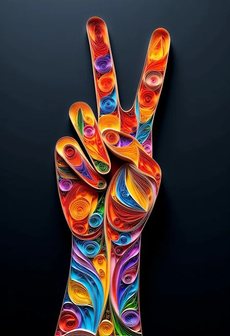 paper quilling artwork, a Hand Shows the peace Symbol, Layered Paper, dark background
