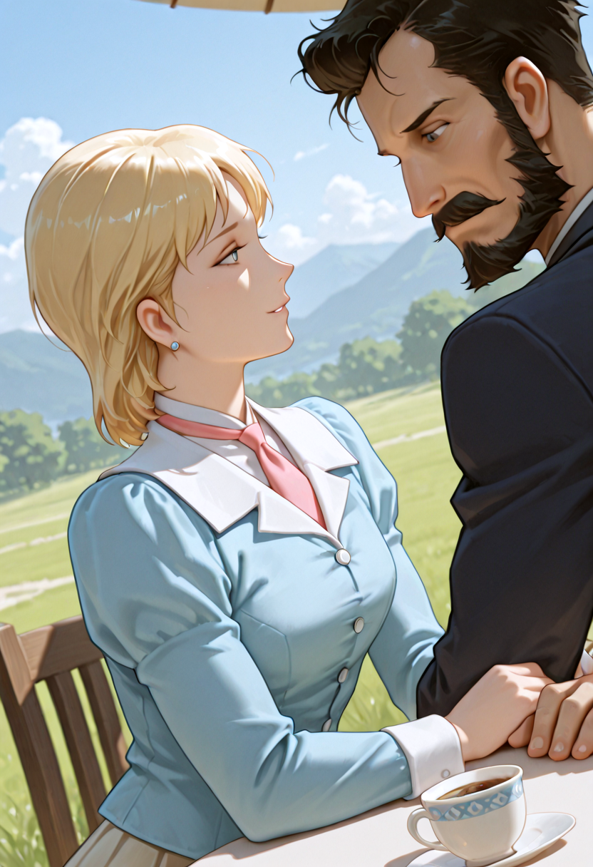 2person, astr4ai4_t0r_d31kun,ze0n_zum_d31kun,Couple,(((profile)))
IllusP0s, masterpiece, best quality, amazing quality, very aesthetic, absurdres, newest, ((ultra detailed eyes:1.4)),((ultra detailed hair:1.4)),((Dynamic Angle))
BREAK
1girl, d31kun, astr4ai4_t0r_d31kun,Blonde hair, short hair, blue eyes,
blue Casual_wear, Pink tie, beige A-line  Long  skirt, Holding a tea cup
BREAK
1boy,  ((male)), d31kun,ze0n_zum_d31kun,facial hair, mustache, beard, Sideburns, black hair, Short Hair,
Dark navy blue z_Speech_outfit, holding a coffee cup
BREAK
A cafe in town, an open terrace, outdoors, sunshade, a round table, two chairs, sitting side by side,((upper  body))
smile, Enjoyable conversation, fun conversation, bright future prospects, big smiles, Looking at each other, parted lips, married couple
 <lora:Astraia_Tor_Deikun_-_GUNDAM_THE_ORIGIN_-_100Percent_-_Manga06:1>