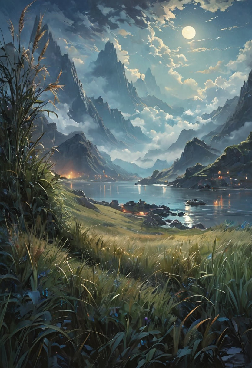 close view on gorgeous port city, night, slight fog, moonlight,( tall grass), (strong wind), (mountaintops), (clouds), atmospheric, (re glow), [romantic impressionism, dream scenery art, beautiful oil matte painting, romantic, beautiful digital painting, anime landscape, romantic painting, dreamlike digital painting, colorful painting, beautiful gorgeous digital art, style of greg rutkowski, janek sedlar,jenny saville:1,2] <lora:vivid_everclear:0.6>  <lora:Sinozick:0.65>