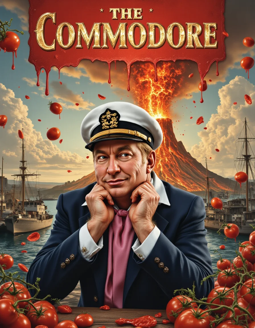 <lora:TheCommodore e07:1.2>Title banner says (in regal royal bright brass font) "THE COMMODORE". In the background is a grade school science project volcano belching thick gooey tomato paste into the sky. t3hc0mm0d0r3 in a glorious (bond villain) portrait wearing a captains hat, pink cravat and he is posing, adorably leaning his chin on both his hands. Profuse amount of Smashed Dripping Tomatoes cascading around the edges of the portrait.<lora:PCB_Image_Enhancer_for_FLUX:1>