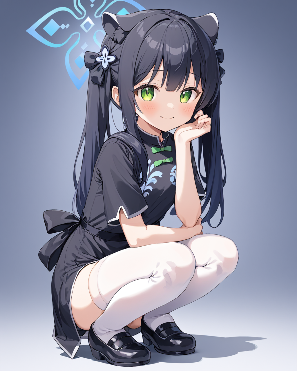 shun \(blue archive\),1girl, solo, mary_janes, squatting, china_dress, twintails, black_footwear, white_thighhighs, smile, short_sleeves, black_dress, tiger_girl, full_body, animal_ear_fluff, looking_at_viewer, halo, hands_on_own_cheeks, head_rest, blush, thighs
<lora:shun_(blue_archive)_image2057_2023-11-28-000010:1>halo. gorgeous,key visual, vibrant, studio anime,award-winning, professional, highly detailed,high budget, cinemascope