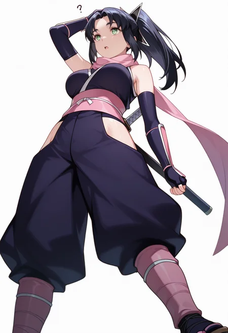 masterpiece,high quality details, ultra realistic, high detailed skin,absurdres,
Hand on own head,
<lora:Ayaka_Kusagakure:0.8>
ayaka_cnr, 1girl, black hair, long hair, ponytail,parted bangs, sidelocks, green eyes, hair ornament,
bare shoulders, ninja, japanese clothes, kimono, sash,pink scarf,fingerless gloves, elbow gloves, sandals, sheath, pink ribbon,hip vent,, simple background, white background, from below,solo,, lonely,confused,