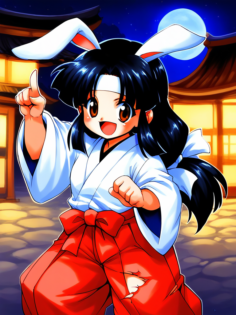score_9, score_8_up, score_7_up, source_anime, rating_explicit, BREAK  <lora:Sayo-chan_TsukiyoSoushi_XL:0.9> Sayo-chan_TsukiyoSoushi, long hair, black hair, white headband, brown eyes, low-tied long hair, parted bangs, short stack,
japanese clothes, solo, ofuda, open mouth, red hakama, hakama,  wide sleeves, skirt, long sleeves, 
torn clothes, animal ears, rabbit ears
looking at viewer, smile,
night moon,