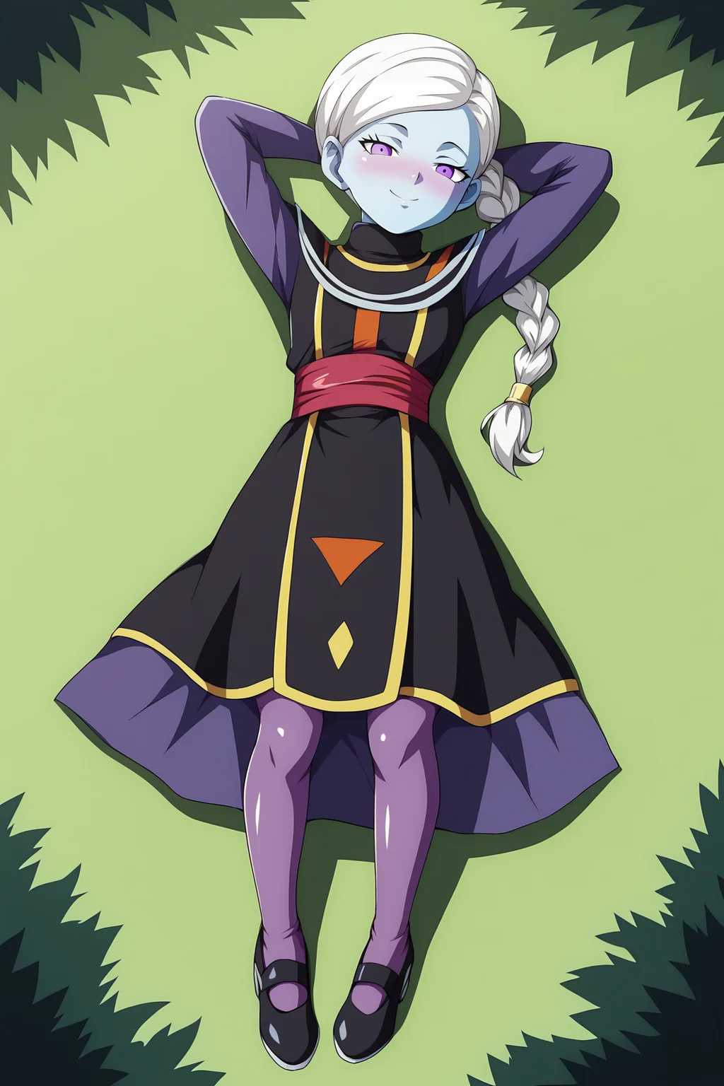 score_9, score_8_up, score_7_up, score_6_up, BREAK, KusuDBSPXL, colored skin, blue skin, purple eyes, white hair, single braid, side ponytail, long hair, flat chest, turtleneck, purple undershirt, long sleeves, black dress, red sash, underskirt, purple skirt, purple pantyhose, black footwear, solo, full body, (lying on grass), on back, arms behind head, seductive smile, looking at viewer, naughty face, nose blush, forest, tree <lora:KusuDBSPXL:1>