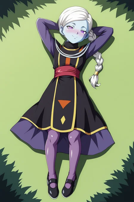 score_9, score_8_up, score_7_up, score_6_up, BREAK, KusuDBSPXL, colored skin, blue skin, purple eyes, white hair, single braid, side ponytail, long hair, flat chest, turtleneck, purple undershirt, long sleeves, black dress, red sash, underskirt, purple skirt, purple pantyhose, black footwear, solo, full body, (lying on grass), on back, arms behind head, seductive smile, looking at viewer, naughty face, nose blush, forest, tree <lora:KusuDBSPXL:1>