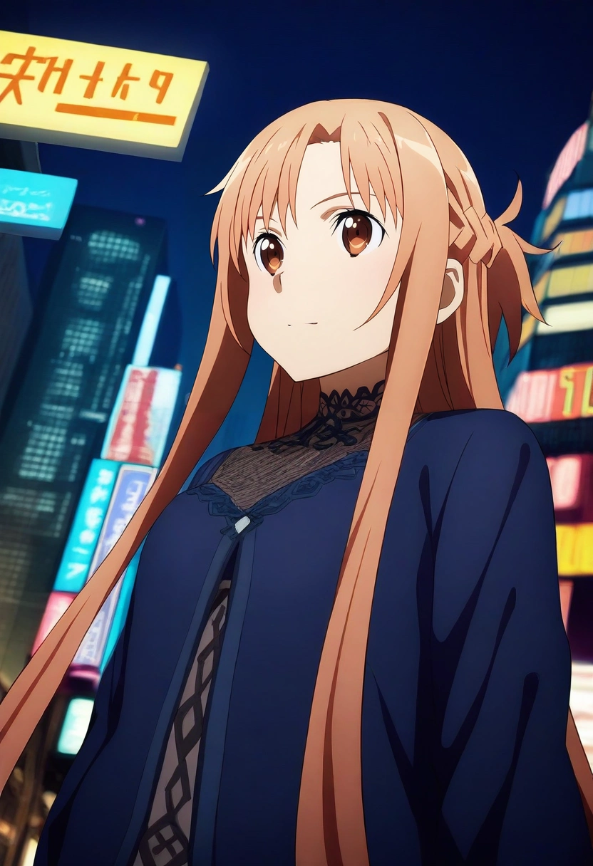 masterpiece, best quality, , intricate details, , , 1girl, asuna \(sao\), brown hair, brown eyes, solo, from below, times square, dark, arms at sides, relaxed, <lora:sao_alicization_style_ilxl:0.88>, sao_alicization_style,