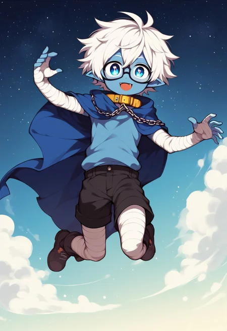 score_8_up, score_7_up, score_6_up, score_5_up, sky blue skin, white hair, blue eyes, messy hair, short hair, outdoors, blue cape, black shorts, bandaged arms, bandaged legs, blue robe, star shaped eyes, glasses, fang, demon, sfw, young, flying, space, chain collar, DSP, artist:DSP, mogeko, smile, amazed expression, extended arms, dynamic angle