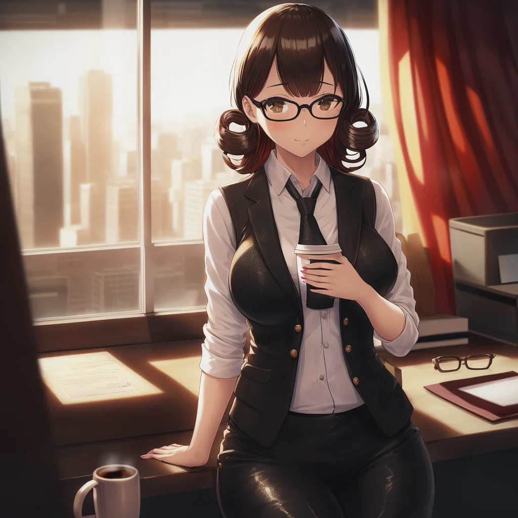 woman, business suit, leather vest, pants, glasses, tattoos, hair highlights, office, masterpiece, reflective, caustics, solo, coffee cup, curly hair, lamps, depth of field, pictures, folders, sunlight, window, city