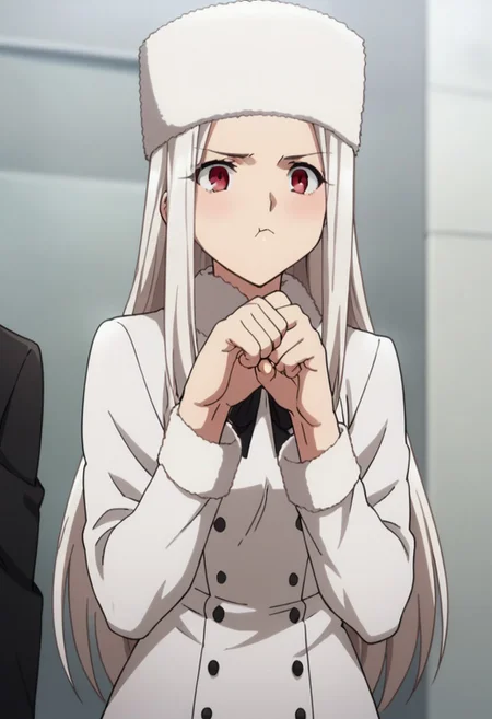score_9, score_7_up, score_6_up, score_5_up, source_anime, rating_safe, (anime screencap:0.2), solo focus, 1girl, cowboy shot, long hair, white hair, red eyes, medium breasts, white fur hat, coat, thigh boots, hands up, paw pose, pout, closed mouth, puffy cheeks,
