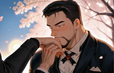 <lora:pose_POVKissH_e100_s1000:1> ((solo focus, POVKissH, 1boy, couple, kissing_his_fingers, hold_his_hand))"A handsome anime-style groom in a black wedding tuxedo with a rose boutonniere, standing in a romantic outdoor garden with soft lighting, cherry blossoms falling, and a bright blue sky. He has neatly styled hair, a gentle smile, and elegant posture. Background is dreamy, cinematic, and slightly blurred for depth, <lora:Red_Siamese_Cats_leader__Detective_Conan:.7>, Red Siamese Cats leader, A serious anime-style male  He has short dark hair slicked back, a trimmed beard, The setting is a dramatic, cinematic moment with strong lighting and a tense atmosphere,
(very short hair, beard, bara, mature, facial hair, stubble, beard, full beard, sideburn, beard, a lot of beard, ), facial hair,male focus, muscular male, muscular male, bara, mature,  bara, mature, aixiwuganda_(20222192), very awa, masterpiece, best quality, absurdres, newest, perfect quality, detailed background, intricate details,
<lora:slider_Body Type_alpha1.0_rank4_noxattn_last:3><lora:Anime Summer Days 2 Style SDXL_LoRA_Pony Diffusion V6 XL:.6><lora:slider_cfg_scale_boost:.7><lora:Artist6p:.55>, Artist6p, Artist04p,<lora:slider_il_brightness_slider_d1:-1><lora:slider_il_contrast_slider_d1:-1><lora:slider_DarkSlider1.2_alpha1.0_rank16_full_300steps:-.6>