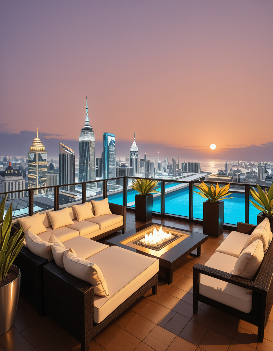 A breathtaking photo of a luxurious private rooftop at sunset, designed in a modern and elegant architectural style. The rooftop features a large infinity pool with crystal-clear water reflecting the warm golden hues of the sky. Surrounding the pool are plush, oversized lounge chairs with soft white cushions, neatly arranged under stylish wooden pergolas with flowing white curtains. In the background, a panoramic city skyline with shimmering skyscrapers stretches across the horizon. Ambient string lights hang delicately overhead, casting a soft, romantic glow. A chic outdoor bar with marble countertops is positioned on one side, decorated with fresh tropical plants and golden lanterns. The atmosphere feels serene and exclusive, with subtle reflections on the polished wooden floor. The lighting is a perfect mix of natural sunset tones and ambient soft white lights. The overall mood is peaceful, sophisticated, and inviting, ideal for an elite gathering or private escape.
<lora:SDXLFaeTastic2400:0.4> <lora:extremely_detailed:0.4> extremely detailed, <lora:luxurious_pr1v4t3_r00ft0p-i:1>,luxurious pr1v4t3 r00ft0p, Masterpiece,best quality,hi res,8k,hi res,8k,award winning,(sharp focus, intricate, highly detailed),