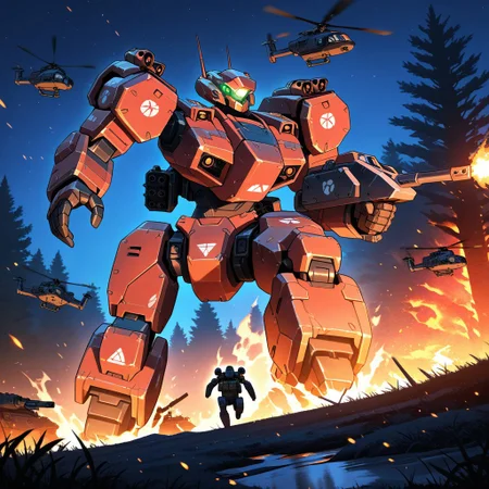 night-time, forest setting, city line in the distance, burning trees, small soldiers, masterpiece, best quality, amazing quality, detailed background, embers, raging fires, mecha, mechwarrior style, Angular head, humanoid arms, heavily armored body, well proportioned body, smooth metal, holding a tank in its hand, crushing tank in its hand, mono eye, glowing Green eye, Red colored mech, front view, silhouette of mech, looming large, illuminated by fire, heavily armored humanoid legs, shoulder mounted missile pods on the mechs shoulders, large booster pack, wide legs, leg boosters, Detailed hands, Wrecked vehicles, destroyed tanks, helicopters flying in the air, mech focus, running while firing, artillery tanks firing overhead, aerial explosions, smaller soldiers running below the mech