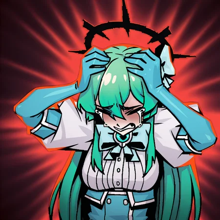 masterpiece, best quality, very aesthetic, absurdres BREAK
1girl, magiaazure, green hair, long hair, hair ornament, bow, dress, blue elbow gloves,
affliction, black halo, hands on own head, closed eyes, pain, tears,
upper body, solo, red background, black background <lora:AfflictionIllustriousXL_byKonan:1.2> <lora:MagiaAzureIllustriousXL_byKonan:0.9>