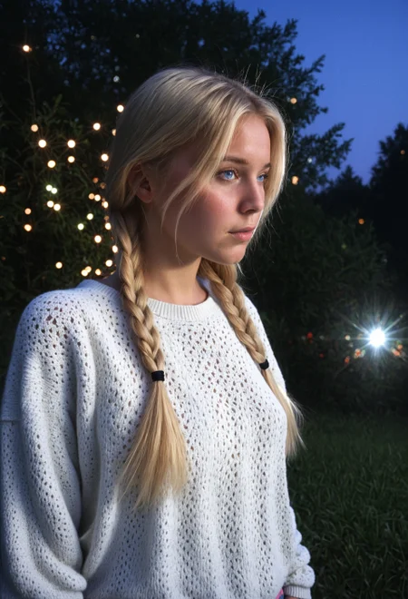 masterpiece, high quality, 1girl, solo, perfect composition, blush, dim light, dramatic lighting, raytracing, aesthetic, bokeh, ambient occlusion, cozy atmosphere, ultra realism, amateur photo, realistic girl, amtr2, photo taken, ultra detailed, 2000s photo, sharp focus,

amazing background, detailed background, dof, blurred background, beautiful background, night, nature,

medium tits, realistic skin, real skin,


youthful face, baggy clothes, film grain, retro, Porta 160 color, shot on ARRI ALEXA 65, sharp focus on subject, Fujifilm XT-3, dynamic angle, dynamic pose, Ultra-realistic RAW 32K photograph of Guin, hyper-realistic skin texture, professional light effects,


slavya, blonde hair, very long hair, long hair, twin braids, blue eyes, real life, detailed skin, sweater, (detailed eyes:1.2)