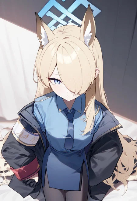 kosubi, score_9, score_8_up, digital media, solo,1girl, silk clothing, reflective clothing, shiny clothing, kanna (blue archive), animal ears, blonde hair, animal ear fluff, halo, hair over one eye, long hair, blue eyes, extra ears, dog ears, black gloves, black jacket, long sleeves, blue shirt, collared shirt, open jacket, blue necktie, armband, black pantyhose, blue skirt, tie clip