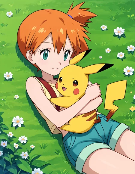 score_9, score_8_up, score_7_up,
rating_safe,duo,
pks,pokemon,
misty,holding pikachu \(pokemon\), affectionate, hug,
grass, flowers,
official art,
<lora:pokemon_r1:1>