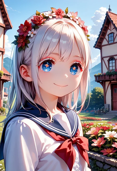score_9, score_8_up, score_7_up, 1girl, okada style, masterpiece, best quality, ultra high res, smiling, happy, (detailed eyes:1.2), 8K, Best Quality, Masterpiece, Ultra High Resolution, (Realism: 1.4), Original Photo, (Realistic Skin Texture: 1.3), (Film Grain: 1.3), Sapphire Color Eyes and Beautiful Face Details, Highest Quality Picture Quality, white hair, blue eyes, (red eyeliner), (white eyeshadow), (white eyelashes) ,set in a fantasy world with sparkling stars, fantasy flower crown on her head, school uniform,messy, indoors, clutter, very aesthetic, scenery, outside, house, garden
