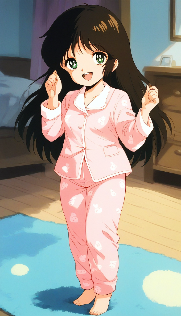 score_9, score_8_up, score_7_up, source_anime, rating_explicit, BREAK  <lora:NonomuraAmi_BeMybaby_Ver2.0_XL:1> NonomuraAmi, long hair, black hair, brown hair, small breasts, green eyes, bangs, short stack,
pink pajamas,
room, carpet, curtain,
smile, open mouth,
looking at viewer, 
cowboyShot,