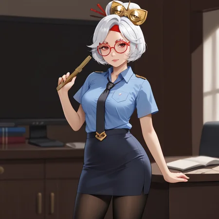 <lora:purah_pony_v1:.8> purah, 1girl, solo, glasses, white hair, medium breasts, red-framed eyewear, hair ornament, hair stick, short hair, headband, cowboy shot    <lora:0820 tokisaki kurumi policewoman fan costume_v1_pony:1> ruanyi0820,black necktie,blue hat,blue shirt,blue skirt,black pantyhose,short sleeves,pencil skirt