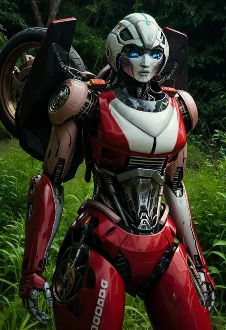 score_9, score_8_up, score_7_up, screencap, detailed eyes, ArceeROTB, autobot, 1girl, solo, red and white body, mechanical parts, robot, helmet-like head, robotic face, glowing blue optics, wheels on back, ducati printed on right leg, autobot forehead symbol, fairing-like chest, blue eyes, narrow waist, unique pose, sunny
