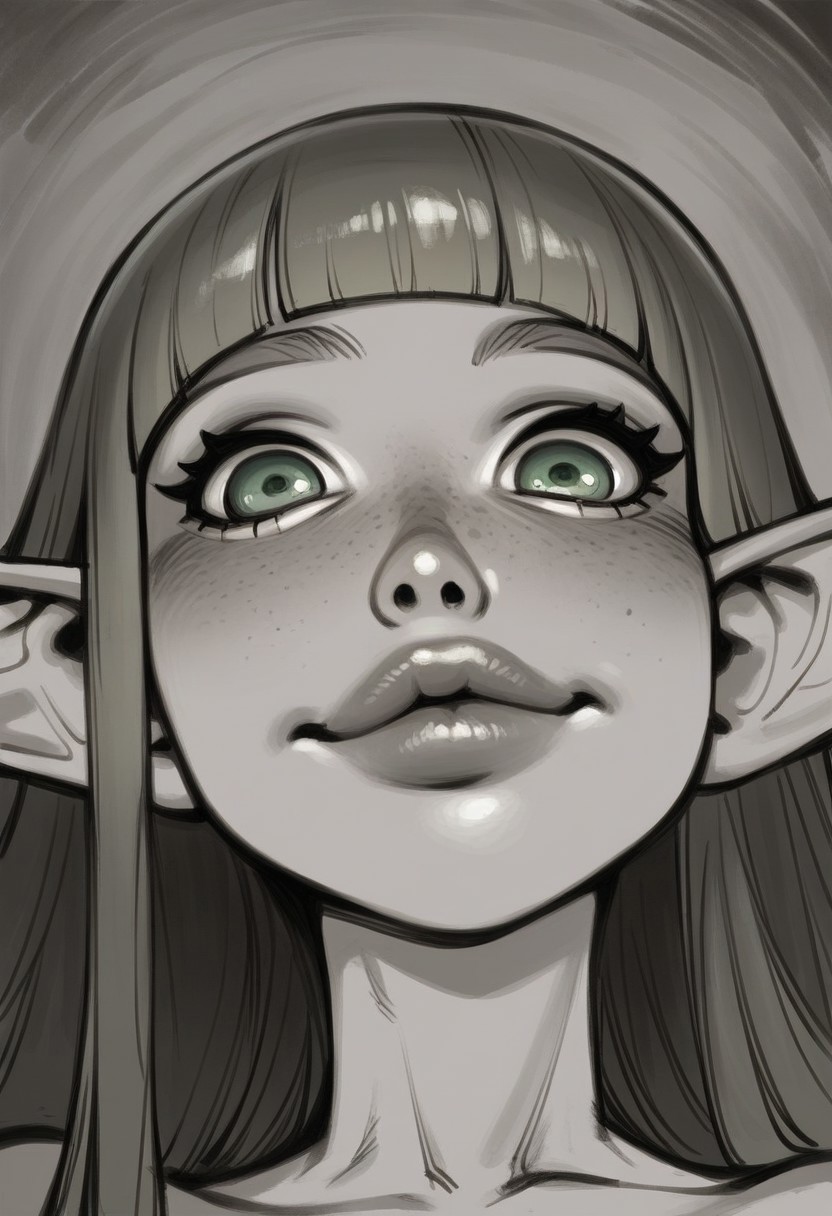 (Front angle:1.3), high detail, perfect face, very close-up, 1girl, long hair, ginger hair, blunt bangs, light skinned female, (Elf:1.3), happy expression, green eyes, head tilted, plump lips, (up close shot of face, portrait:1.6), closed mouth 
BREAK
score_9, score_8_up, score_7_up, score_6_up, source_cartoon, rating_explicit