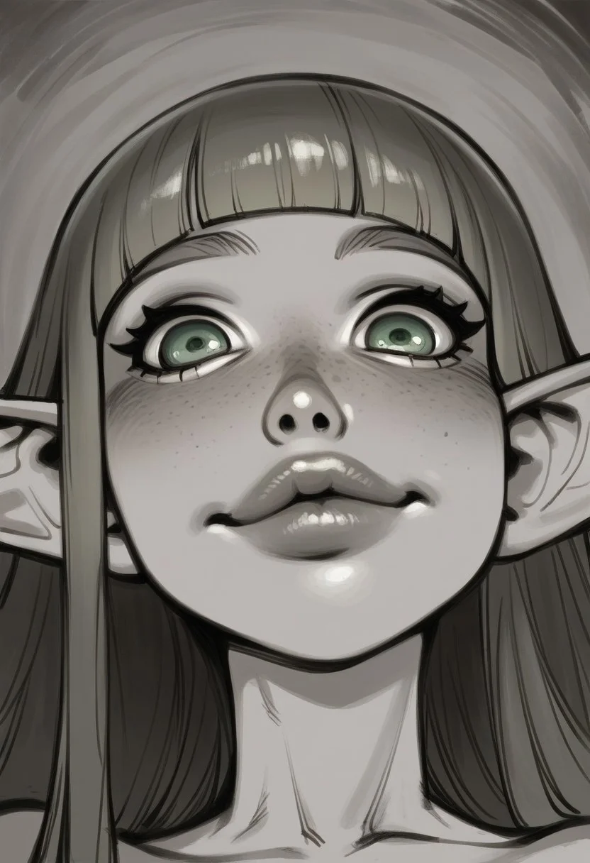 (Front angle:1.3), high detail, perfect face, very close-up, 1girl, long hair, ginger hair, blunt bangs, light skinned female, (Elf:1.3), happy expression, green eyes, head tilted, plump lips, (up close shot of face, portrait:1.6), closed mouth
BREAK
score_9, score_8_up, score_7_up, score_6_up, source_cartoon, rating_explicit