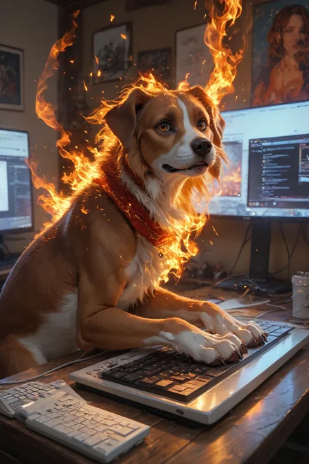 looking at viewer,detailed background,Cinematic Lighting,film grain,score_9,score_8_up,score_7_up,masterpiece,best quality,highly detailed,
<lora:(增强)sdxl_lightning_8step_lora:1>,<lora:glowneon_xl_v1:1>,glowing,<lora:Expressive_H:0.8>,Expressiveh,<lora:th3rm4lXLP:0.4>,th3rm4l,colorful,
realistic,computer,(no humans),keyboard (computer),monitor,english text,dog,(fire:1.2),animal,indoors,(burning:1.2),