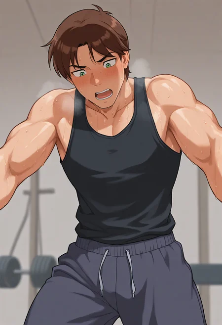 embedding:Illustrious\Positive\IllusP0s, embedding:Illustrious\Positive\IllustriousQual,(1boy), dean_ts!, brown hair, green eyes, gym, black tank top, sweatpants, sweating, heavy breathing, open mouth, athletic body, best quality, high resolution, masterpiece.