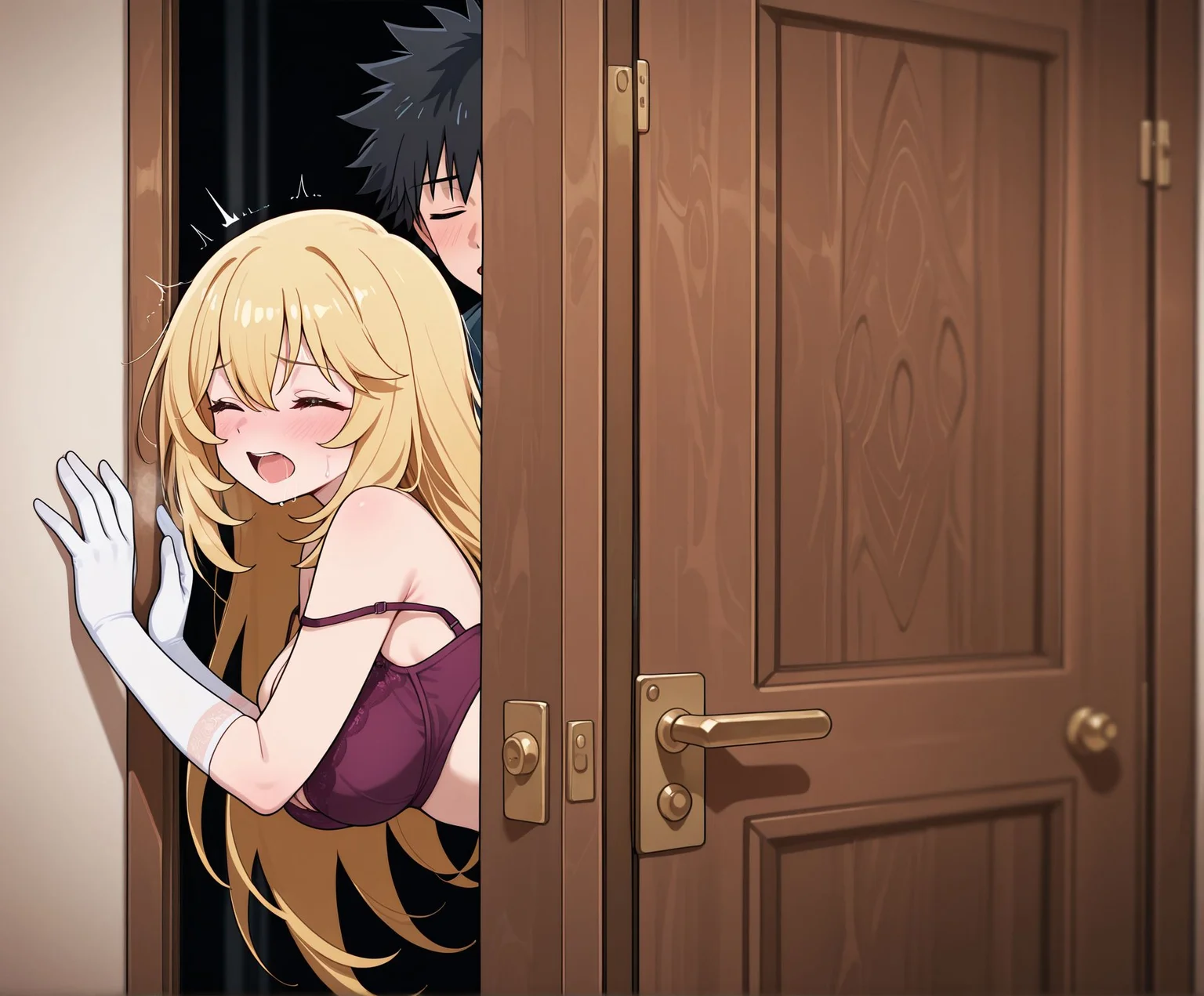 masterpiece,best quality,amazing quality,very aesthetic,absurdres,newest, huge filesize,
<lora:spo_sdxl_10ep_4k-data_lora_webui:0.5>,
<lora:add-detail-xl:1> flat color, anime coloring,  uncensored, 
<lora:Stealthy_Sex:1>Stealthy_SexV1,
breasts,hetero,
1boy, sex,
blush,closed eyes,
open mouth,stealthy sex,
sex from behind,
from side, (stealth sex:1.4), 
bra, strap slip, 
doorway, 
(Hide behind door :1.2),
(Hide behind chiffon:1.2), 
BREAK
shokuhou Misaki   ,
BREAK
Kamijou Touma,