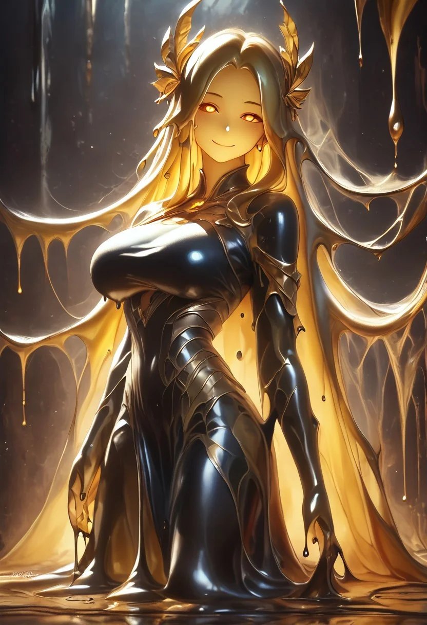 score_9, score_8_up, score_9_up, score_7_up, high quality, masterpiece, highly detailed, 1 girl, (((black slime girl))), large breasts, girl see through body. DonM5h4d0wM317XL, gold and black kimono dress, golden hair ornament, long hair, glowing golden eyes, sexy pose, dark forest background, sexy smile