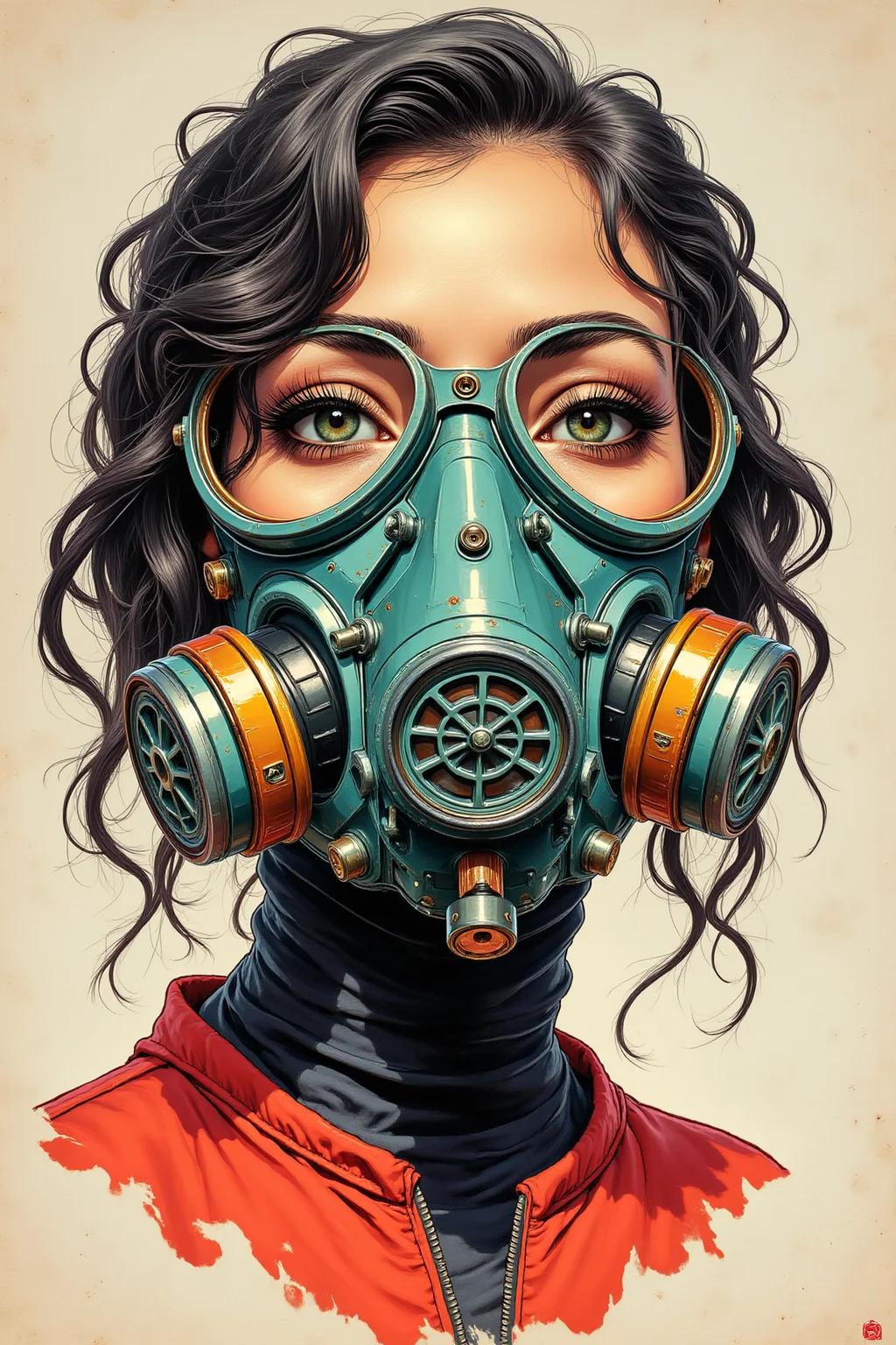 yfg-sm0rg, 1970s comic book style drawing of a woman with a futuristic gas mask