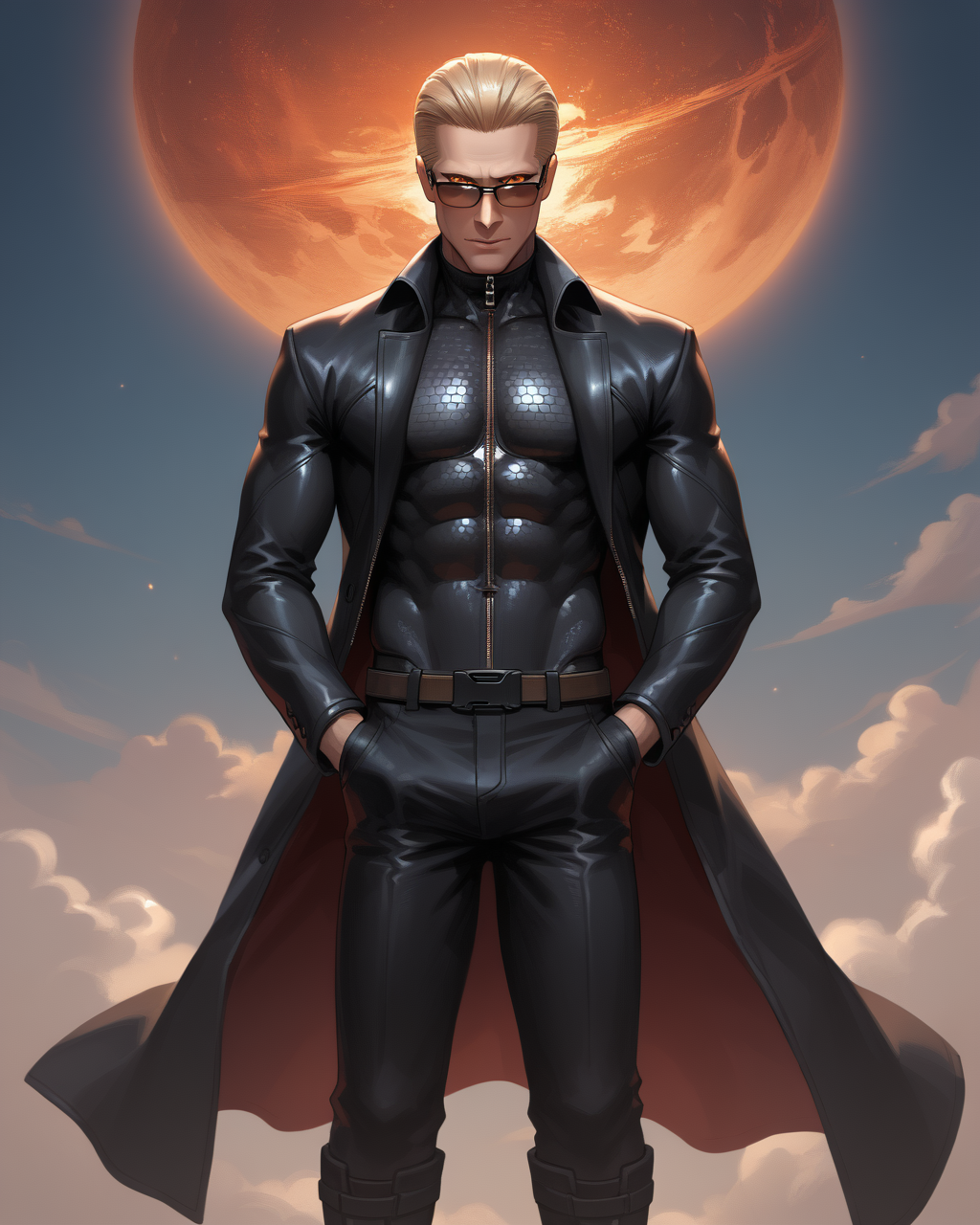 PonyScores7, source_anime, ah1, best quality, (masterpiece:1.4), (high quality:1.4), sharp focus, 4k, absurd resolution, <lora:albertwesker-guy-PONYv1:0.8> albertwesker, albert wesker, 1boy,  blonde, black gloves, (sunglasses:1.3), belt, black coat, black pants, looking at viewer, toned, athletic, fit, slicked back hair, black turtleneck, zipper, mature male, short hair, (graphene textured clothes), black boots, (confronting dangerous enemies), bad-hands-5, <lora:xl_more_art-full_v1:0.2>, <lora:shinyskin2:0.2> glistening skin, <lora:aesthetic_anime_v1s:0.2>, <lora:Expressive_H:0.2> Expressiveh, <lora:hairdetailpxl:0.2> hairdetailpxl, <lora:detailxl:0.2> detailxl, (focused, intense glare), short hair, (reddish orange eyes, slit pupils), best quality, amazing quality, best aesthetic, absurdres, <lora:expressive eyes:0.2> expressive eyes, <lora:eyedetailpxl:0.2> eyedetailpxl, illustration, Volumetric_Lighting, ultra-detailed, very aesthetic, intricate details, 8k, masterpiece, best_quality, (angular face, sharp_featured face), <lora:Eyes_High_Definition:0.2> EyesHD, handsome, charming, alluring, AS-MidAged,