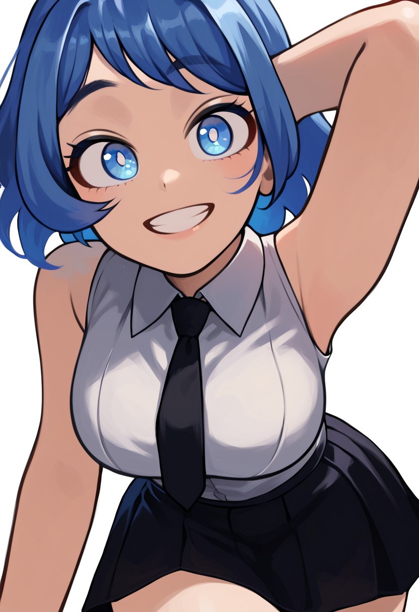 score_9, score_8_up, score_7_up, score_6_up, score_5_up, score_4_up, source_cartoon, <lora:confetti-extract- ponyxl:0.85>, detailed eyes, easynegative, rating_explicit, Expressiveh, 1girl, solo, big breasts, smiling to viewer, close up, furin0
deva, gwain saga, skirt, blue eyes, blue hair, shirt,  white shirt, necktie, sleeveless, collared shirt, black skirt,  sleeveless shirt, black necktie