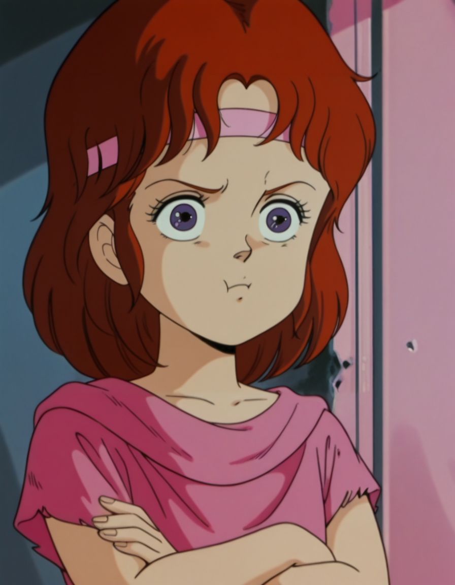 masterpiece, best quality, upper body, jealous, crossed arms, standing, face close-up, solo, portrait, pout, 
<lora:Lin:1>, L1n, red hair, headband, purple eyes, female child, retro artstyle, torn clothes, shirt, retro artstyle, anime coloring,